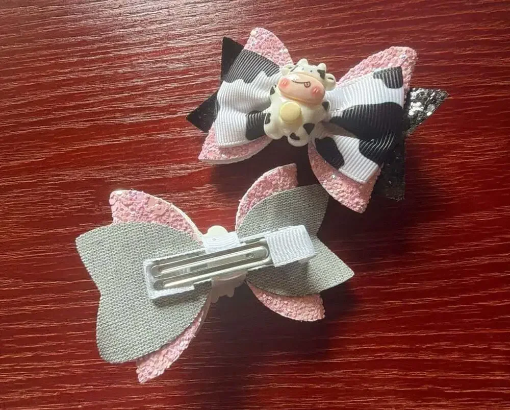 2-Piece Pink and Black Glitter Cow Print Hair Bow Clips with Cow Charm